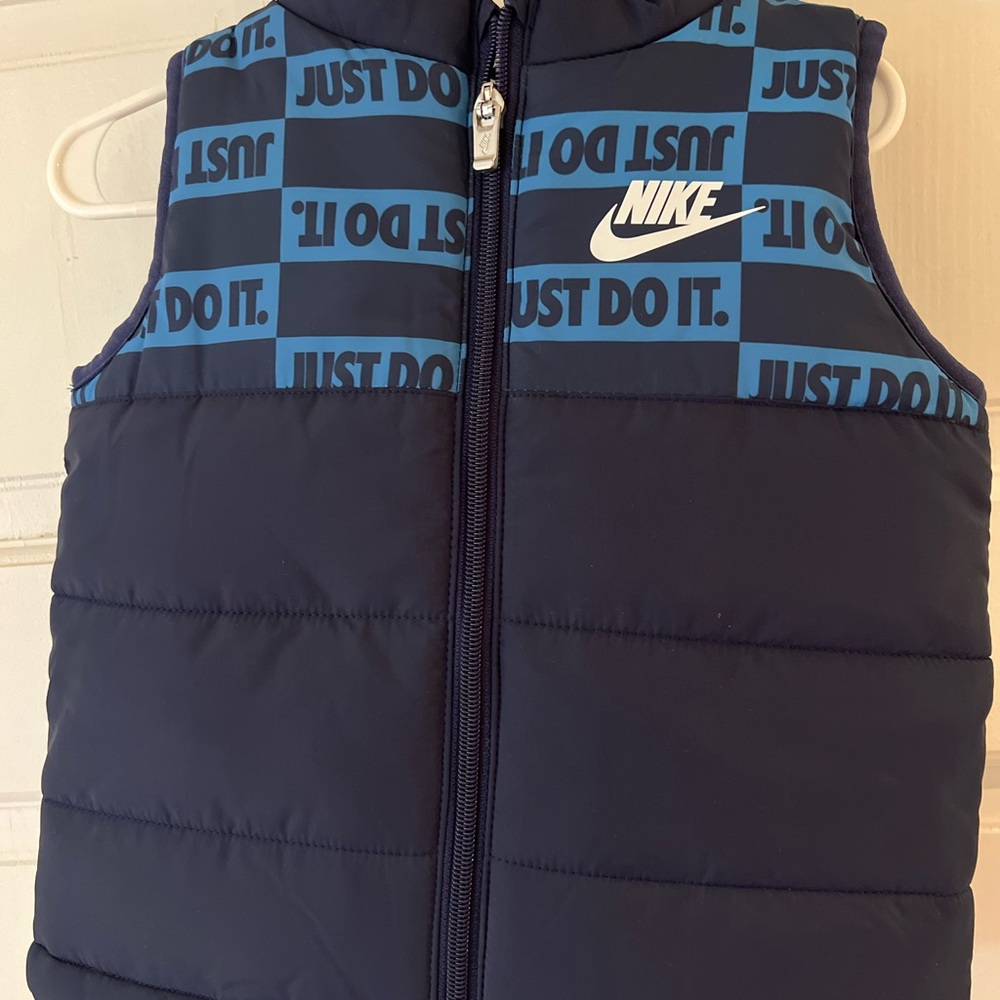 Nike Kids Navy and Blue Puffer Vest with 'Just Do It' Print